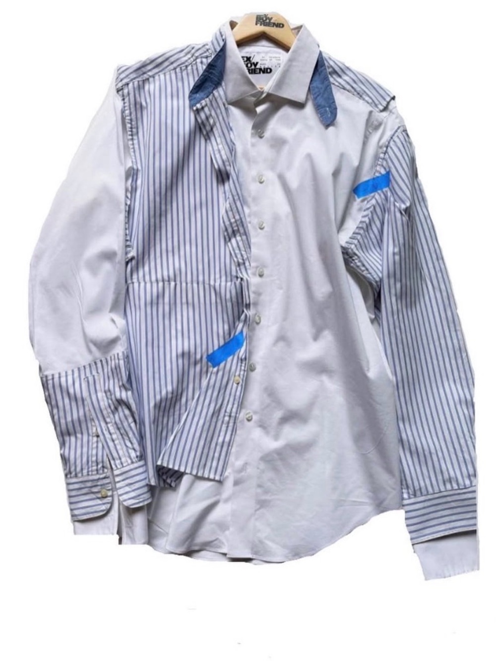 One of a Kind, Blue Striped Patchwork Button-Up Shirt, XL